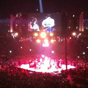 In the square at First Niagara Center in Buffalo, George Strait invites Martina McBride to join him.