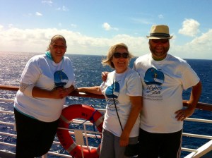 Michelle M, Karen and I prepare for the ship's Make-A-Wish charity walk on deck ten. (Photo by unnamed fellow passenger)