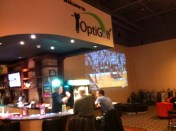 The virtual golf center at Destiny USA includes projector-on-a-wall TV for sports viewing and the 19th hole, too.