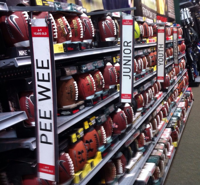 In America, football comes in many shapes and sizes, as shown in this Syracuse, N.Y., Dick's Sporting Goods store.
