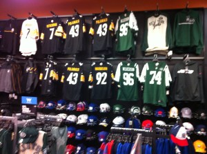 We can buy teams jerseys, team hats, team shirts, and so much NFL stuff, as displayed in this Syracuse, N.Y., The Sports Authority store.