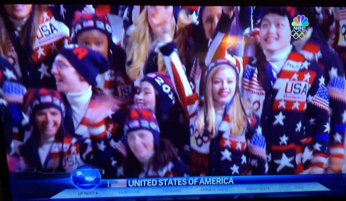 The United States Winter Olympics athletes march in Fisht Stadium in Sochi, Russia. (From TV screen)