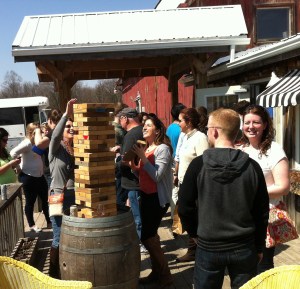 Cayuga Ridge puts out an adult-sized Jenga game. Shelly Jordan of our group won a game against a woman from another group.