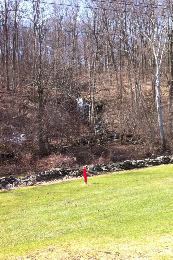 The green at Westvale Golf Club, with a waterfall in the woods above it.