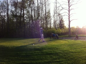 This is Bird teeing off in the twilight on hole 17.