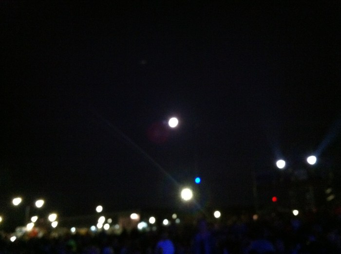 Some of these are the lights of campus. One is an almost full moon.