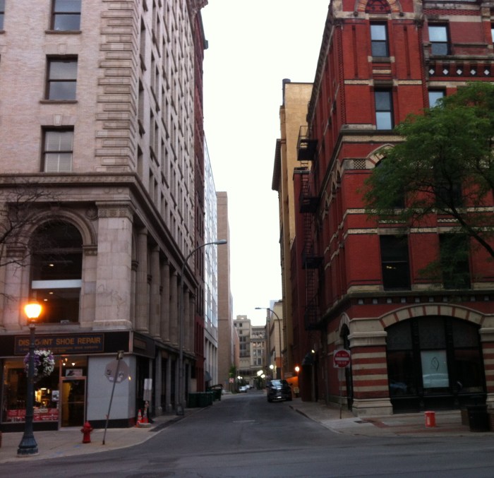 A downtown trait: Narrow alleys parallel to wider streets.