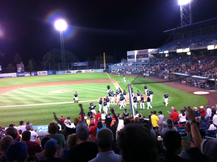 The Syracuse Chiefs celebrate Destin Hood's walk-off home run the next-to-last regular season game.