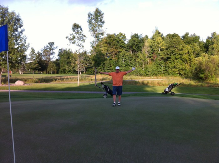 Hello, it's me, says Bird on the aerated green.