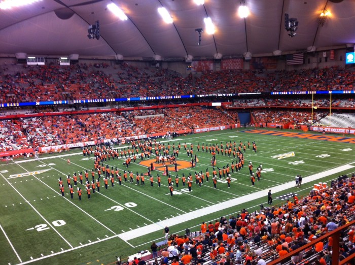 The Syracuse marching band entertains at halftime in the Carrier Dome Friday night.