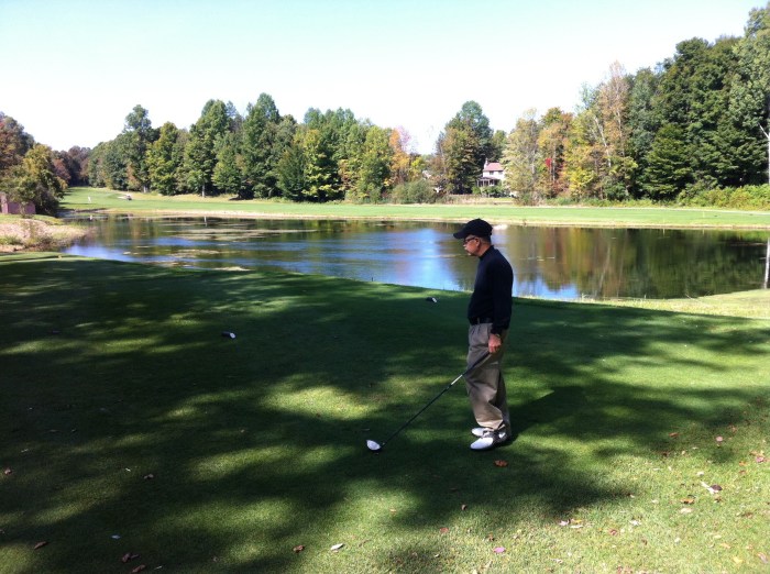 Tater appreciates the pretty setting at tee box No. 5. 