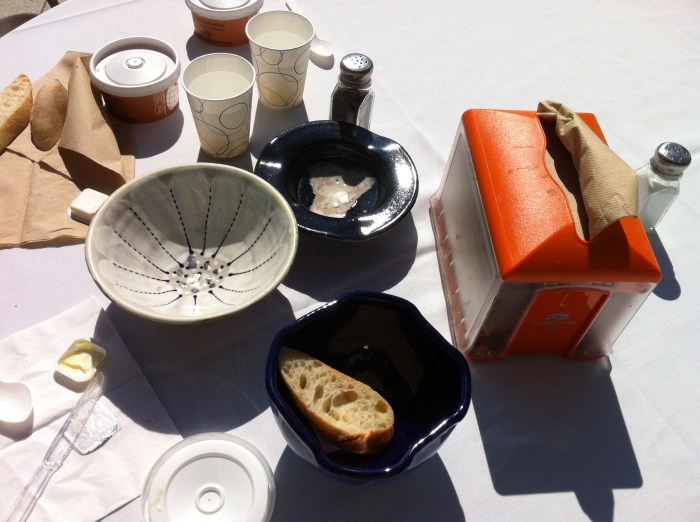 Our bowls. We took our soup in to-go bowls because we didn't want to get the new bowls dirty for the trip home. My choice was the deep blue bowl with the bread slice inside.