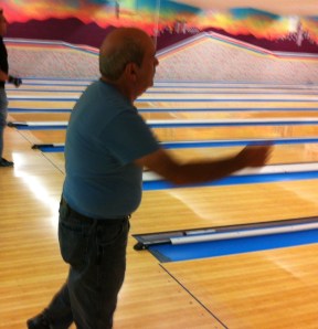 Tom Stagnitta watches his shot. Likely a strike, I say.