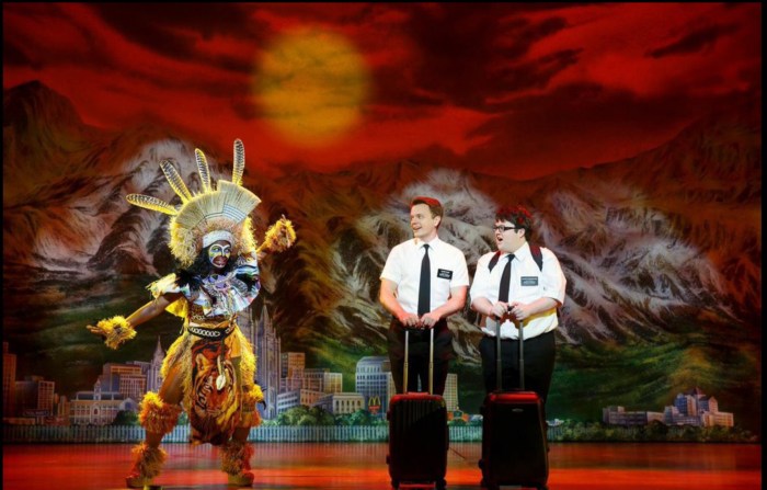 For David Larsen as Elder Price and Cody Jamison Strand as Elder Cunningham, it's Uganda, you betcha. (Photo courtesy of NAC Entertainment)