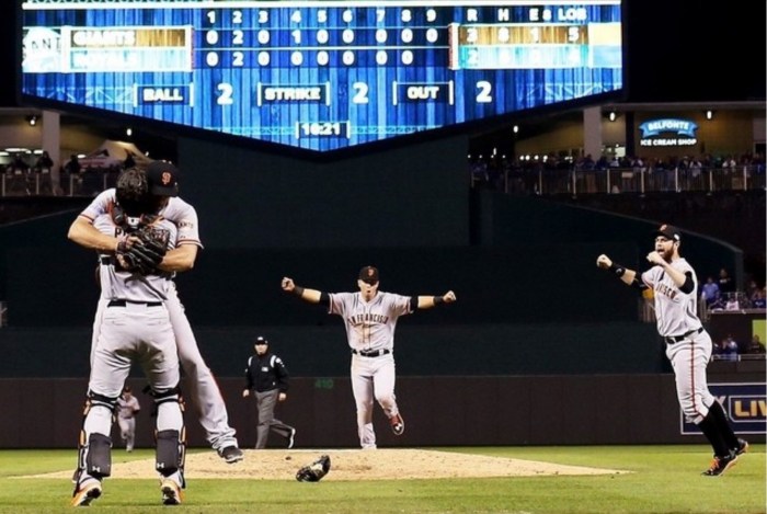 Third title in five years for the San Francisco Giants. Celebration earned. (Photo by James Squire/Getty Images)