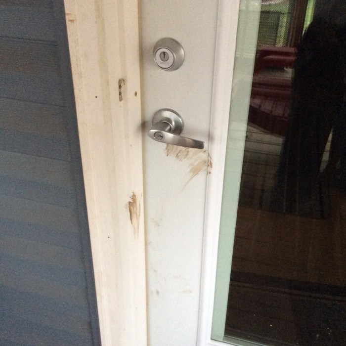 Fast work around the door handle after some backyard play in Syracuse, N.Y.