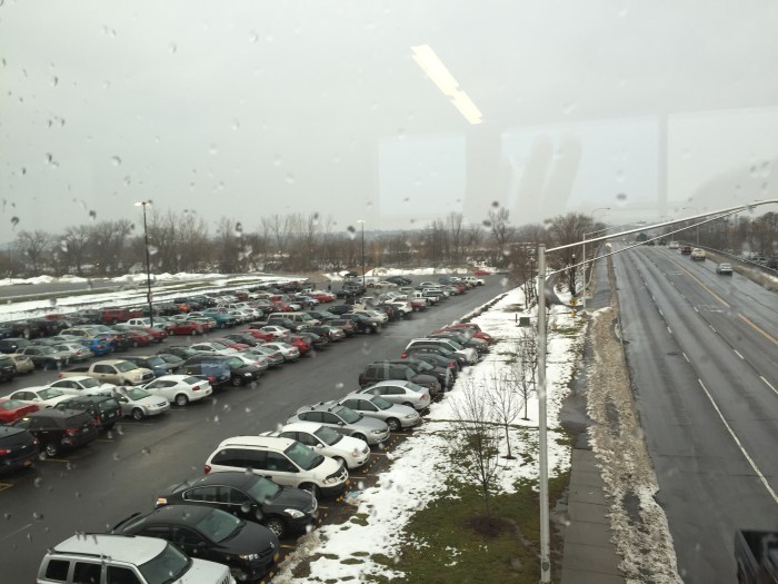 A Destiny USA parking lot in Syracuse, N.Y.  from the pedestrian bridge.