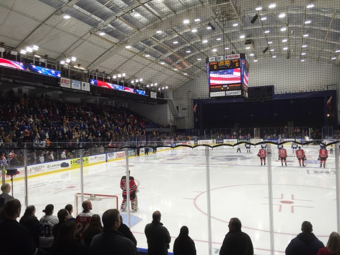 Everybody's attentive for The National Anthem at the Onondaga County War Memorial in Syracuse, N.Y. 