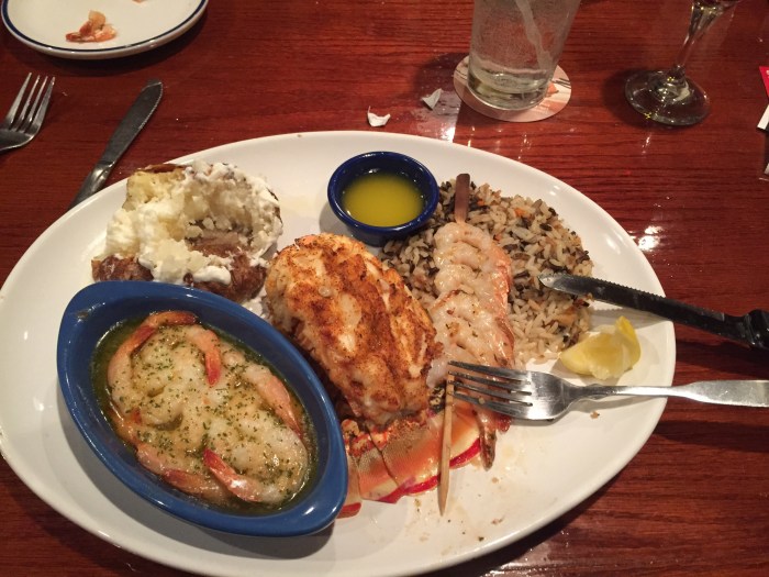 Shrimp, lobster tail and strimp.