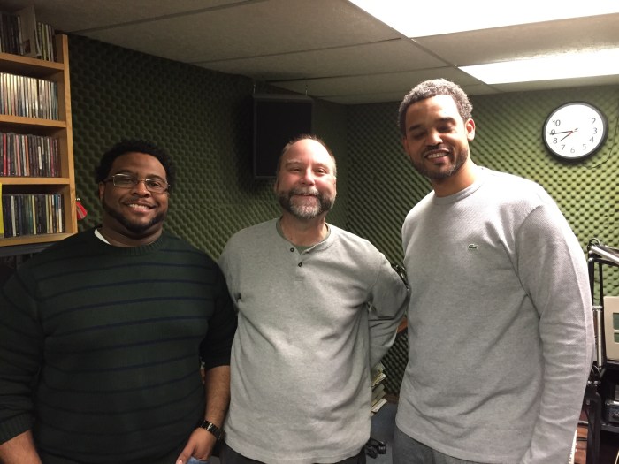 James Austin, left, Scott Johnson, right, and me, Live from the Box. (Photo by Arion Mims)