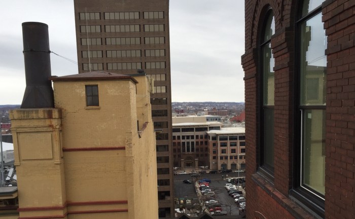 From the top of Merchant Commons, Warren and Fayette streets.