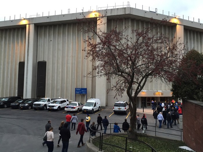 Steady stream of basketball fans.