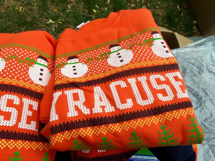 In Orange, the ornate Christmas sweater.