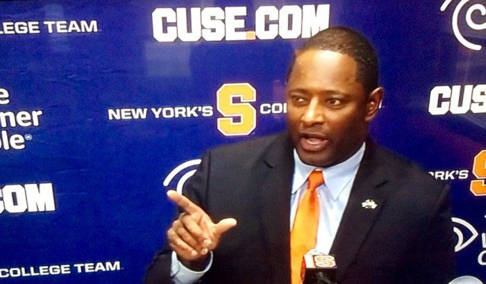 The new Syracuse football coach, Dino Babers, makes a point.