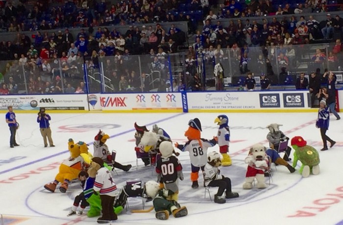 The AHL mascots play musical chairs between games.