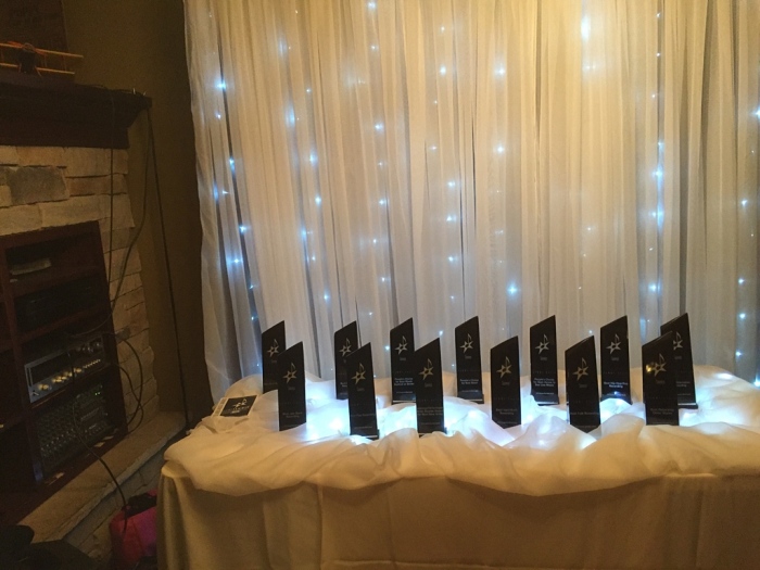 The Sammys trophies, awaiting bestowal in the green room upstairs Friday night in The Palace Theater in Syracuse. 