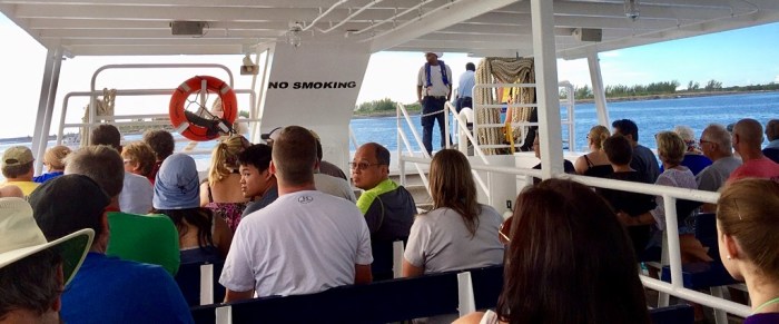 From the ship to a boat to the island.